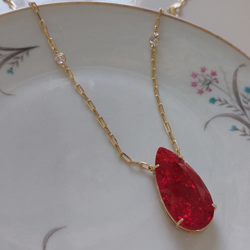 Colar Tiffan Zirconia Craquelada Vermelho Gota Semijoia