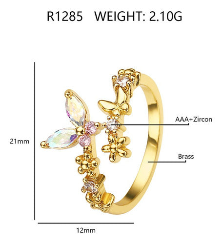 Anel Pedra Zirconia Festa Dourado Borboleta Furtacor Ajustav
