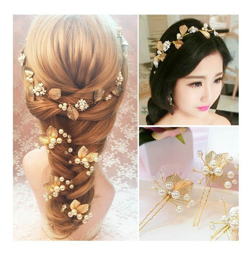 6 Arranjos Enfeite Aplique Dourado Cabelo Noiva Perola Dama