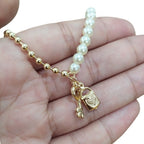 Pulseira Pérola Noiva F Ouro Semi Joia Cadeado Chave Coração