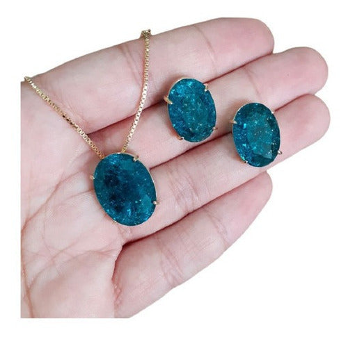 Conjunto Colar E Brinco Zirconia Fusion Tiffan Oval Verde