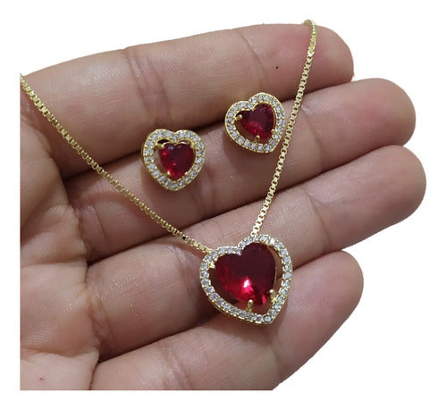 Conjunto Colar E Brinco Coração Pedra Zirconia Preto Verde