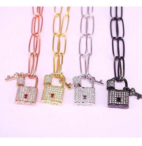 Colar Cadeado Mosquetão Moda Dourado Ou Prata Pedra Zirconia