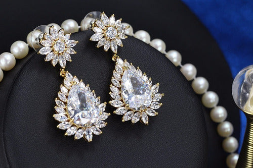 Brinco Noiva Pedra Zirconia Dourado Festa Debutante Gota