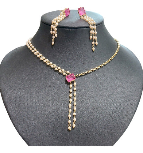 Conjunto Colar E Brinco Zircônia Pérola Rosa Lilás Festa