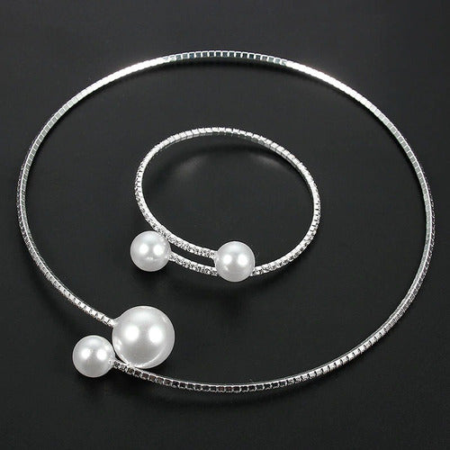 Colar Chocker E Pulseira Riviera Strass Pérola Noiva Festa