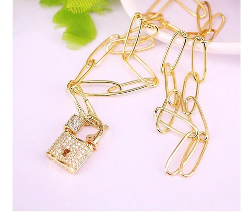 Colar Cadeado Mosquetão Moda Dourado Ou Prata Pedra Zirconia