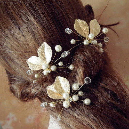 6 Arranjos Enfeite Aplique Dourado Cabelo Noiva Perola Dama