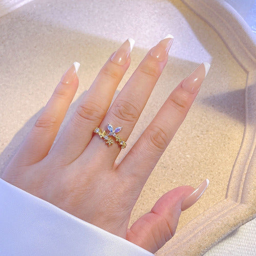 Anel Pedra Zirconia Festa Dourado Borboleta Furtacor Ajustav