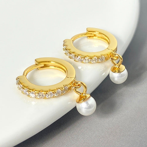 Brinco Argola Com Pedra De Zircônia Péorla Pendurada F Ouro