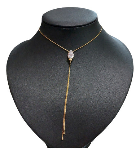 Colar Gravatinha Zirconia F Ouro 18k Dourado Festa Luxo Gota