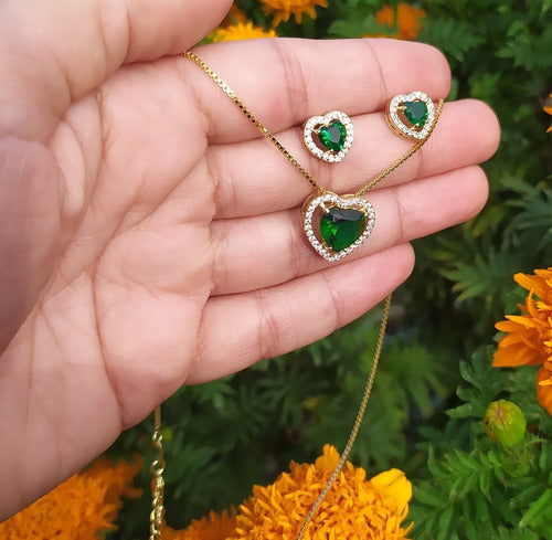Conjunto Colar E Brinco Coração Pedra Zirconia Preto Verde