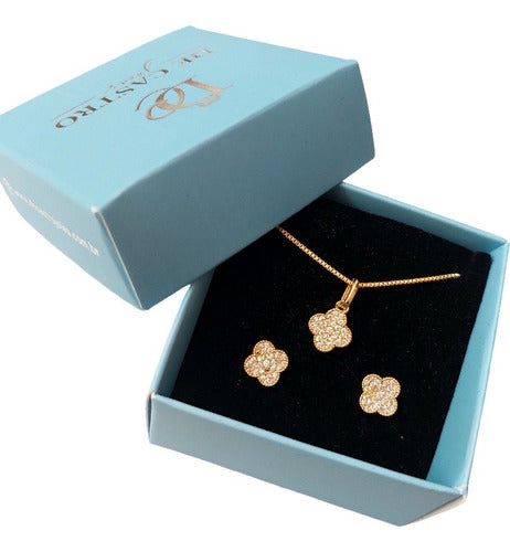 Conjunto Colar Brinco Trevo 4 Folhas Pedra Zircônia Semijoia