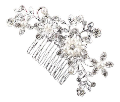 Arranjo Enfeite Cabelo Noiva Prata Strass Perola