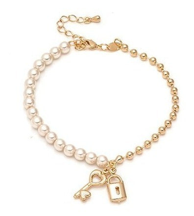Pulseira Pérola Noiva F Ouro Semi Joia Cadeado Chave Coração