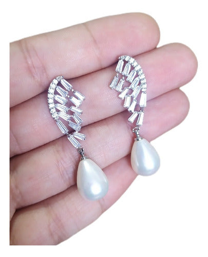 Brinco Pérola E Zirconia Noiva Pequeno Delicado Prata Gota
