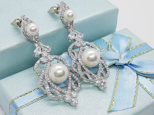 Brinco Noiva Zirconia Perola Pendurado Prata Festa Delicado