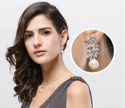 Brinco Zirconia E Pérola Prata Noiva Pendurado Delicado Fest