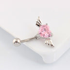 Piercing De Umbigo Invertido Prata Zirconia Coração Rosa Rox