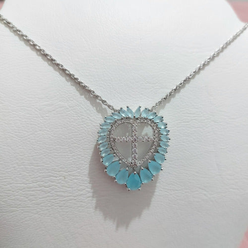 Colar Cruz Coração Zirconia Vermelha Azul Banhado A Ródio