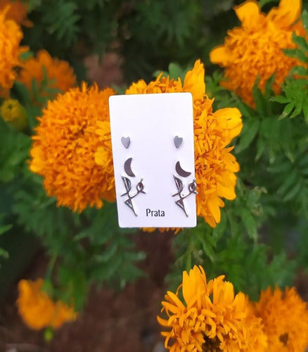 Trio Brinco Prata Coração Lua Fé