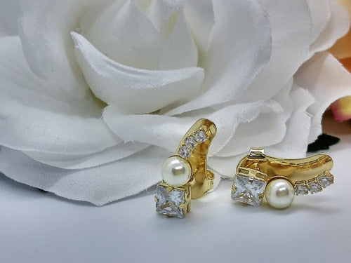 Brinco Ear Cuff Festa Noiva Pedra Zirconia E Perola Dourado