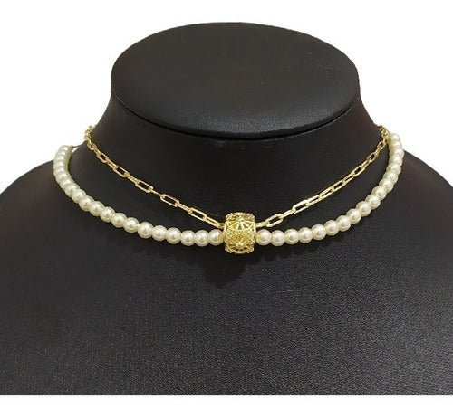 Colar Pérola Noiva Pedra Zirconia Folheado Ouro Semi Joia