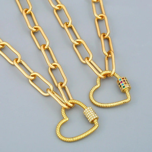 Colar Coração Mosquetão Moda Dourado Pedra Zirconia