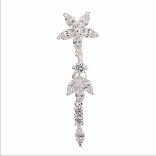 Piercing De Umbigo Prata Pendurado Flor Invertido Zirconia