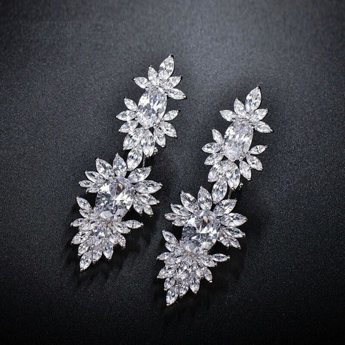 Brinco Noiva Zirconia Pendurado Grande Prata Debutante Luxo