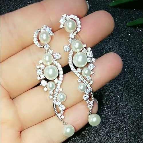 Brinco Pérola E Zirconia Noiva Pendurado Delicado Prata Luxo