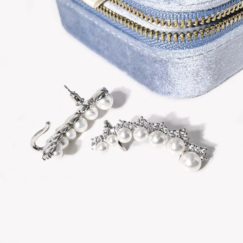 Brinco Ear Cuff Noiva Zirconia Perola Prata Festa Debutante