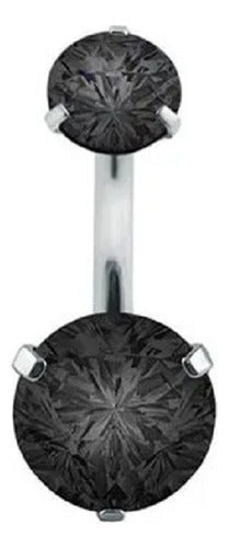 Piercing Umbigo Prata 2 Pedras Aço Cirurgico Zircônia Preto