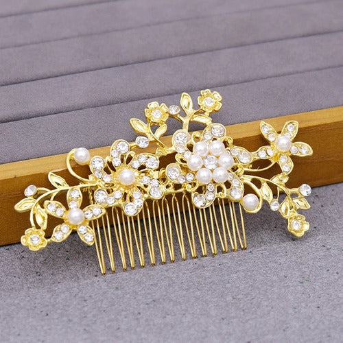 Arranjo Enfeite Aplique Cabelo Noiva Dourado Strass Perola