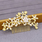 Arranjo Enfeite Aplique Cabelo Noiva Dourado Strass Perola