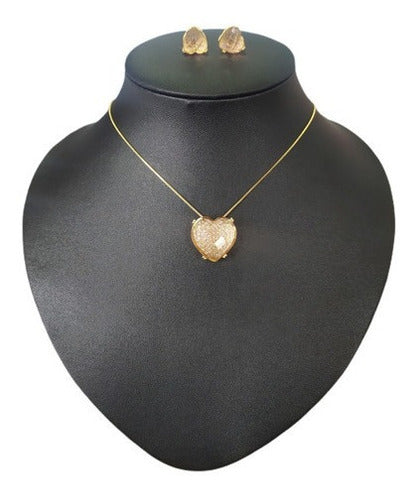 Conjunto Colar E Brinco Coração Pedra Quartzo Lapidada
