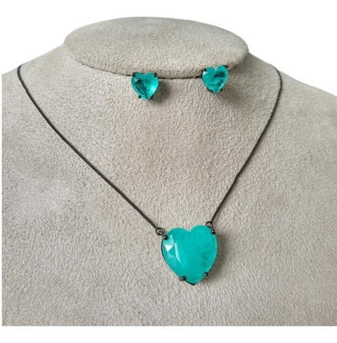 Conjunto Colar E Brinco Coração Pedra Zirconia Fusion Verde