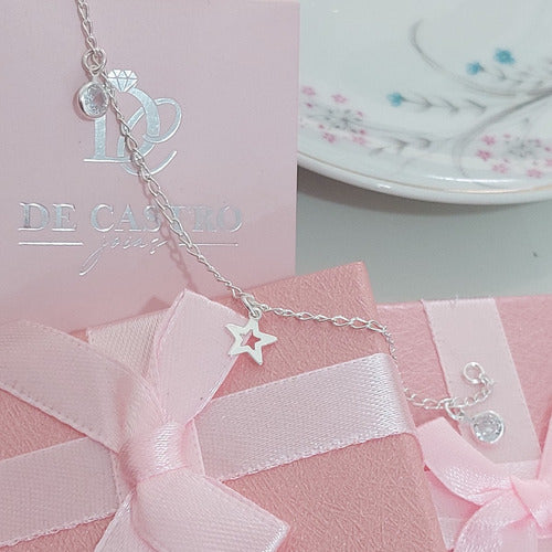 Pulseira Infantil Prata 925 Legítima Pingente Estrela Pedra
