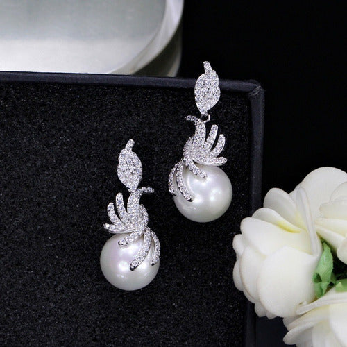 Brinco Noiva Zirconia E Pérola Prata Delicado Luxo