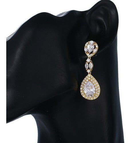 Brinco Noiva Zirconia Dourado Gota Pendurado Festa Debutante