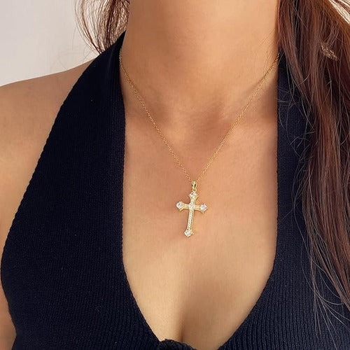 Corrente Colar Feminina Aço Inox Pingete Cruz Prata Dourado