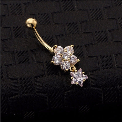 Piercing De Umbigo Dourado Flor Estrela Folheado Zirconia