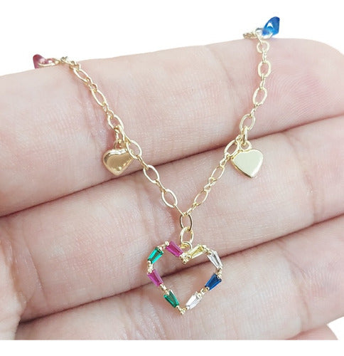 Pulseira Colorida F. Ouro 18k Com Zircônia Pingente Coração