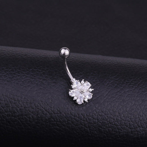 Piercing De Umbigo Prata Flor Zirconia Pequeno Aço 316
