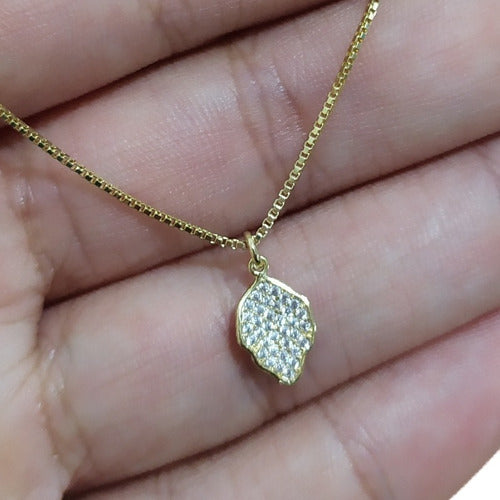 Colar Folha Pedra Zirconia Dourado Ouro 18k Semijoia