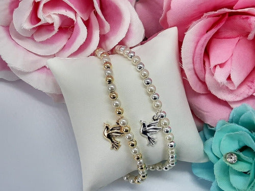 Pulseira Perola E Pingente Pombinha Da Paz F. Ouro Semi Joia