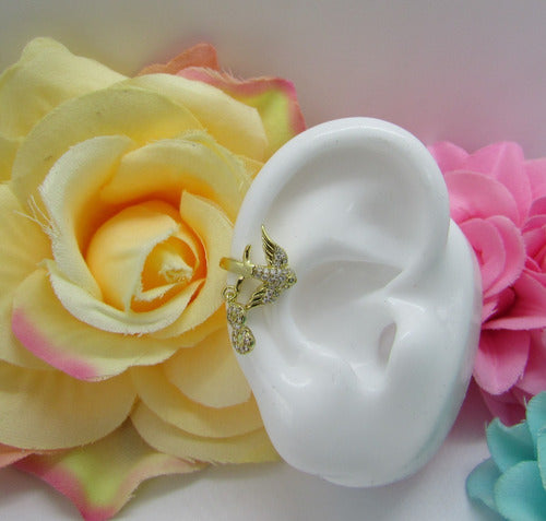 Piercing Falso Fake Dourado Pedra Zirconia Andorinha Pássaro Folheado A Ouro 18k Para Orelha E Cartilagem