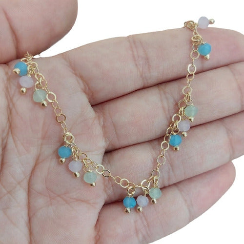 Pulseira Pingentes Pedras Cristais Coloridos Banhado A Ouro