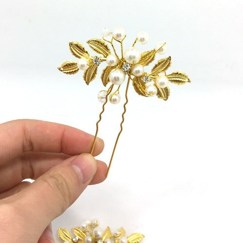 Arranjo Enfeite Dourado Cabelo Noiva Perola Dama Debutante