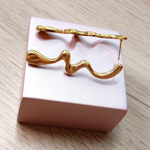 Brinco Aço Inox Derretido Irregular Moda Folheado Ouro 18k
